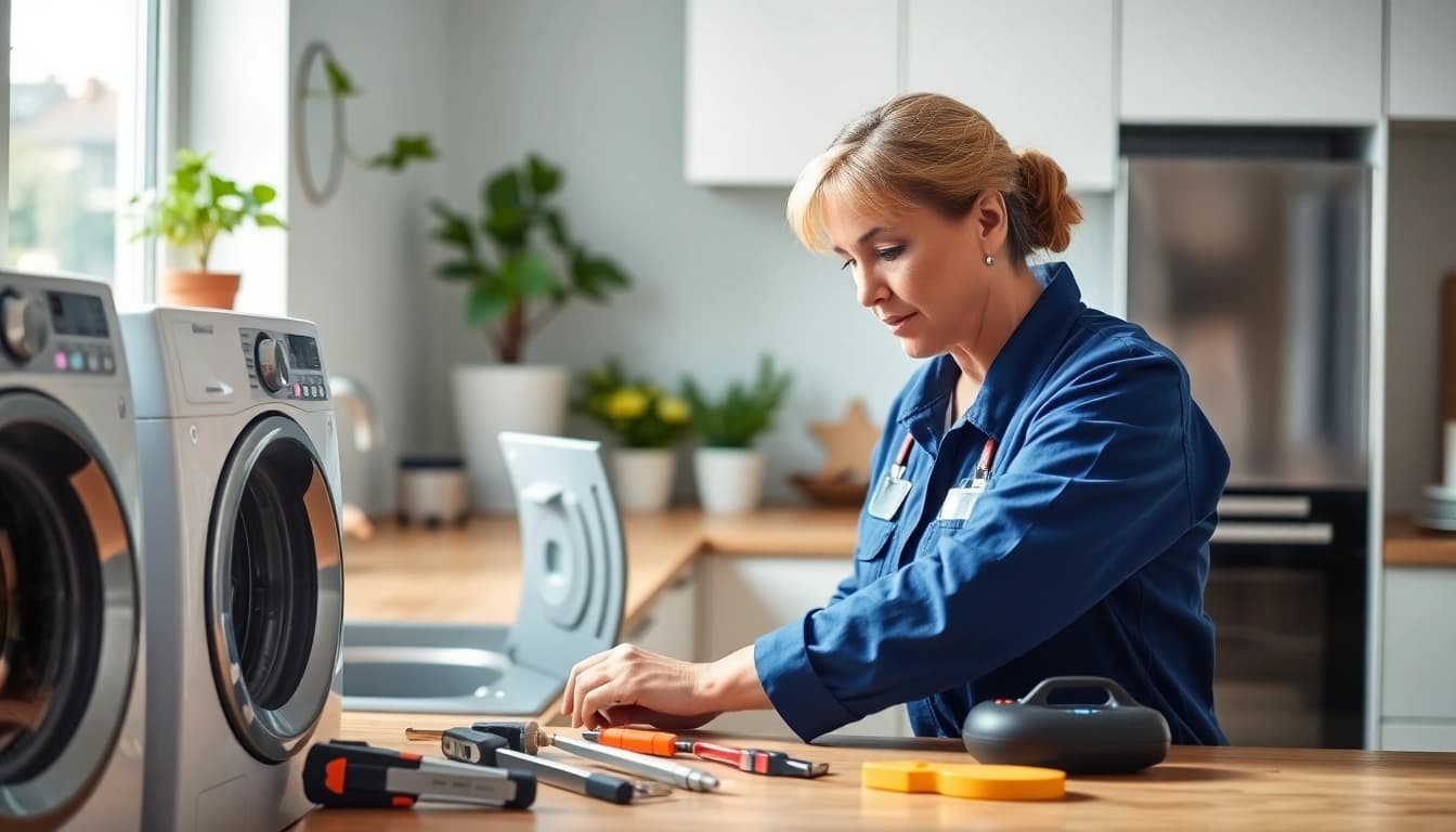 Washing machine repair near me, technician expertly diagnosing issues in a modern kitchen.