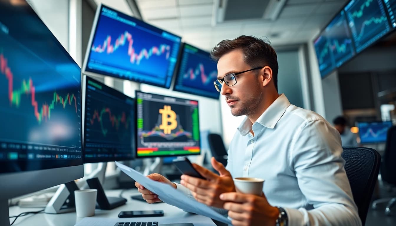 Acheter bitcoin : Trader analysant des graphiques Bitcoin dans un bureau moderne.