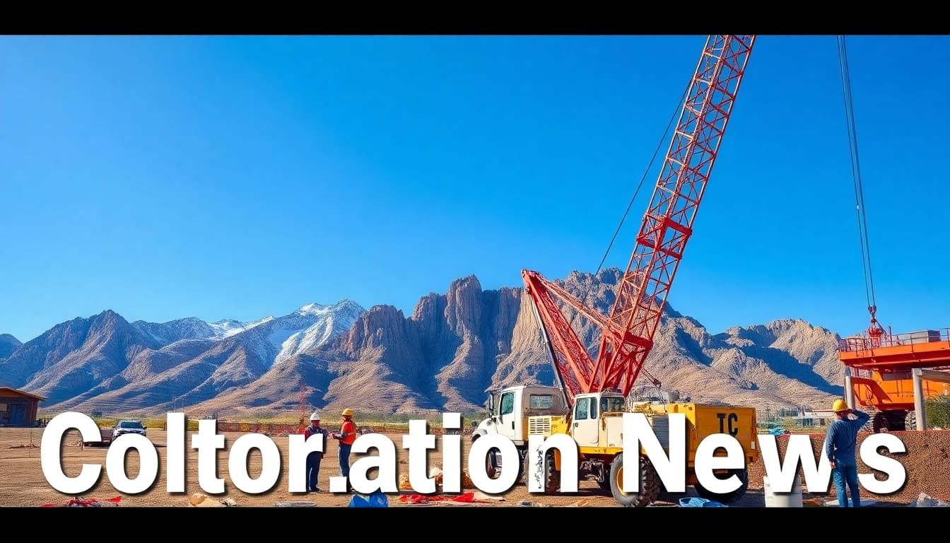 Workers actively engaged in Colorado construction news at a site with cranes and mountains.