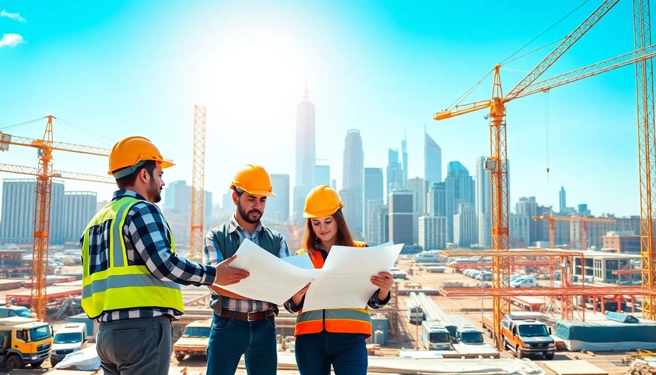 Engaged workers collaborating on colorado construction news project amidst cranes and city skyline.
