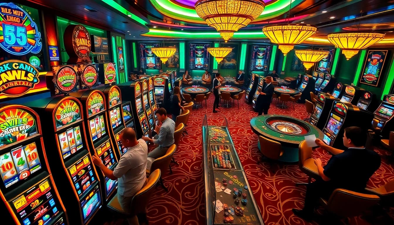 Excited players winning on slot depo 1k machines in a vibrant casino atmosphere.