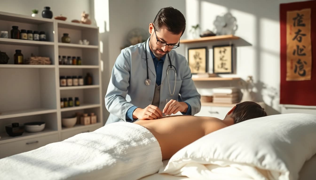 Akuunktur dalam pengobatan tradisional yang menenangkan di klinik profesional.