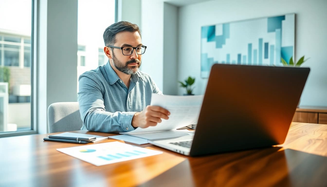 View of a financial advisor San Antonio reviewing important financial graphs in a well-lit office