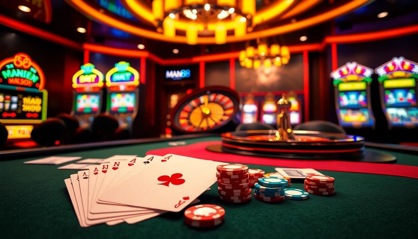 Man88 casino scene featuring lively roulette, poker gameplay, and vibrant slot machines.