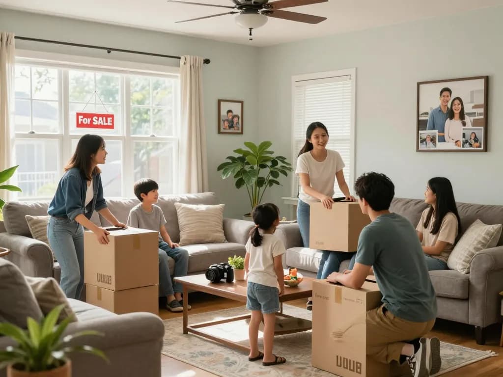 Preparing a quick house sale in a cozy living room with family members decluttering.