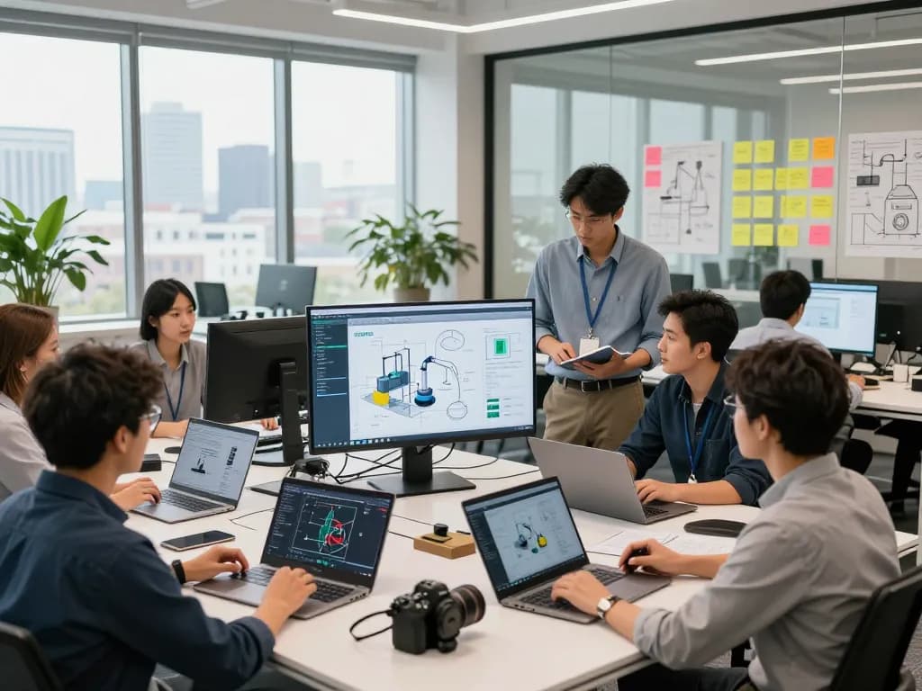 Siemens team collaborating in a modern digital workspace with technology solutions and design discussions.