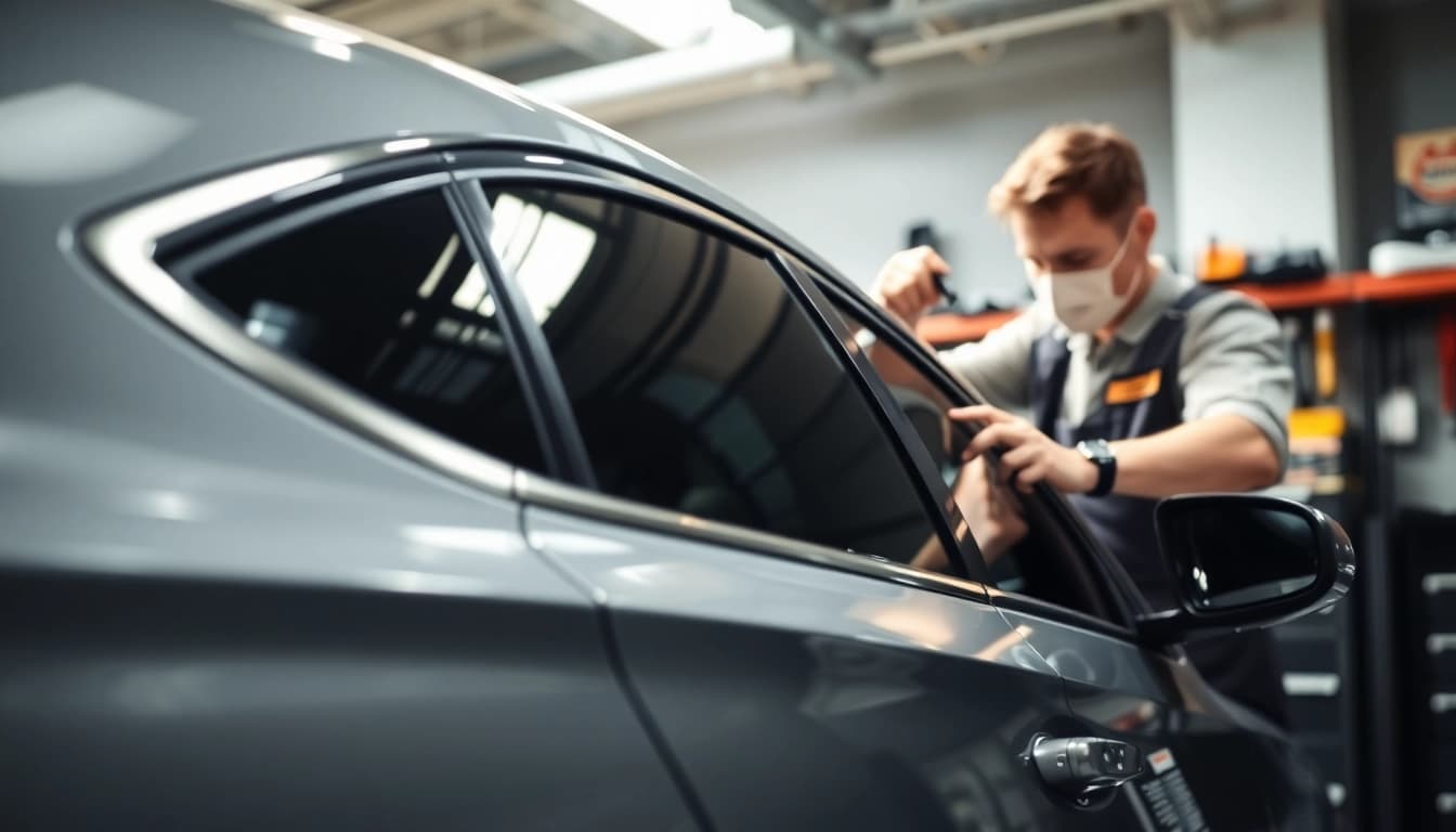Applying window tint near me to enhance vehicle aesthetics and privacy.