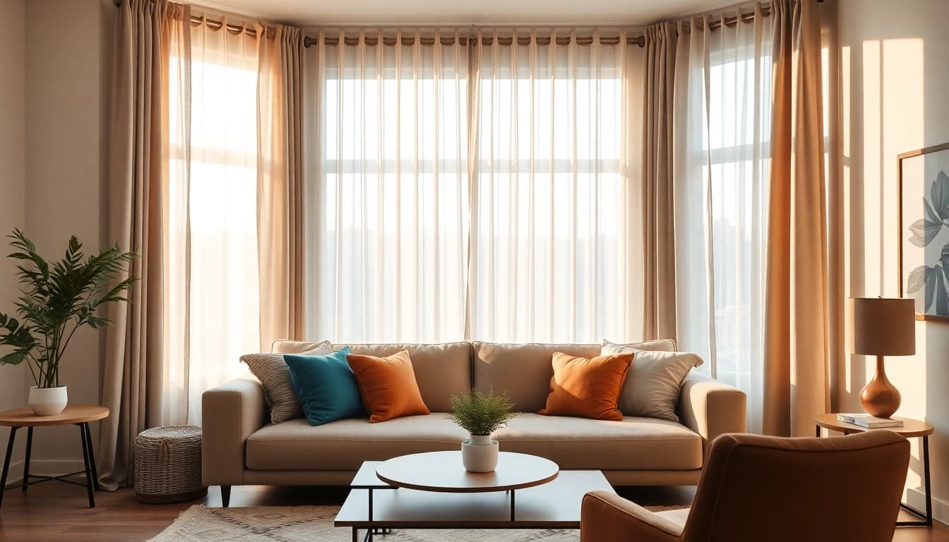 Verduisterende gordijnen creëren een gezellige sfeer in een stijlvolle woonkamer.
