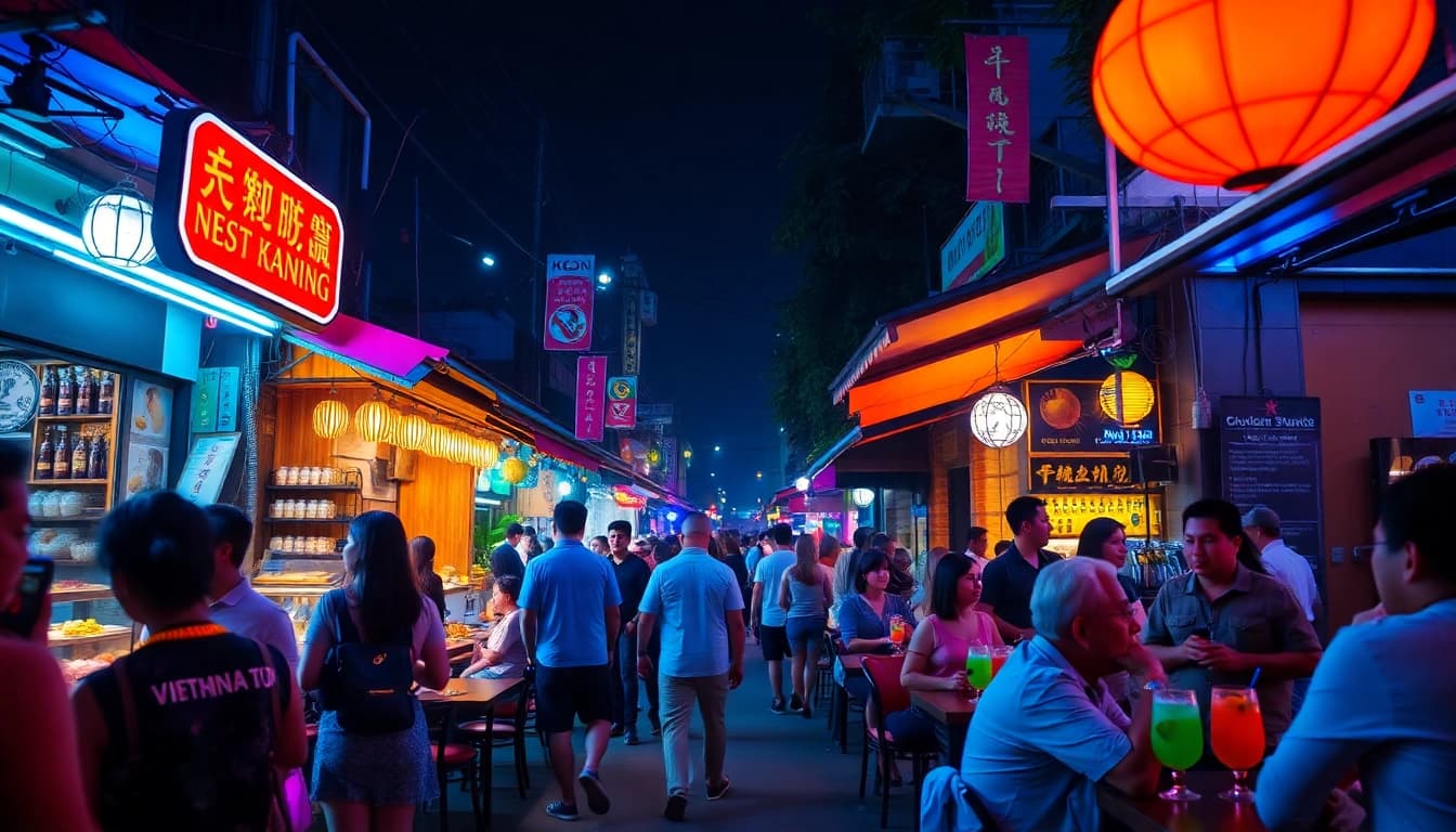 Experience 베트남밤문화 with a lively street market scene showcasing vibrant bars and street food.