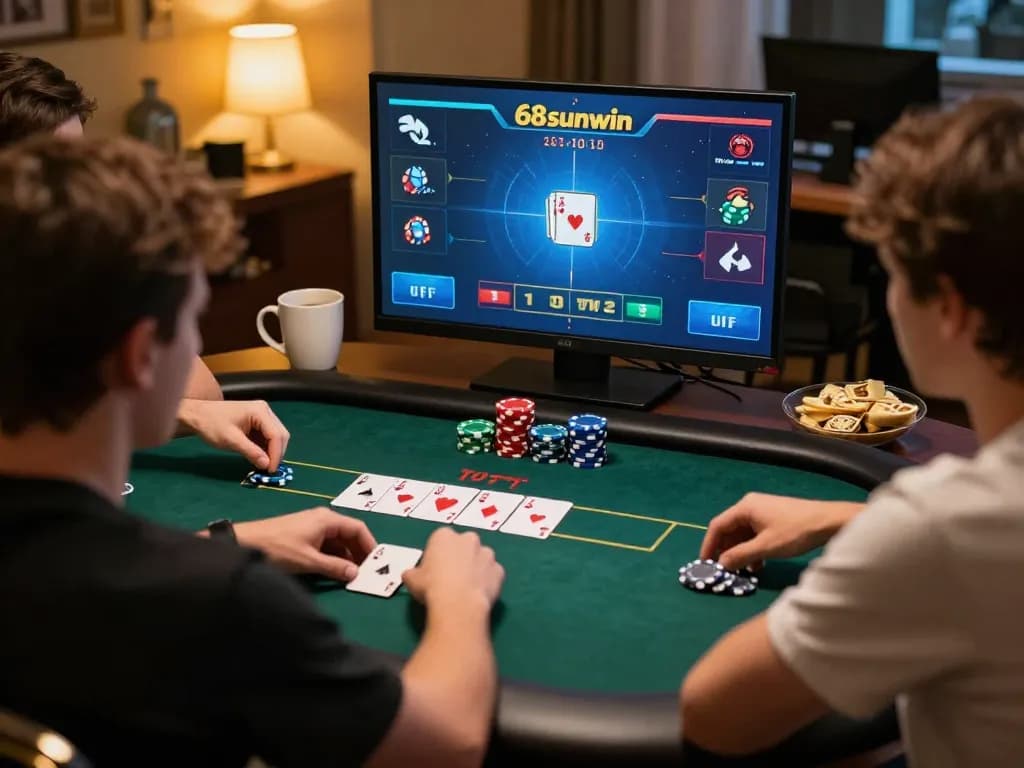 Sunwin players enjoying an engaging online poker game, chips and cards visible on screen, warming atmosphere.