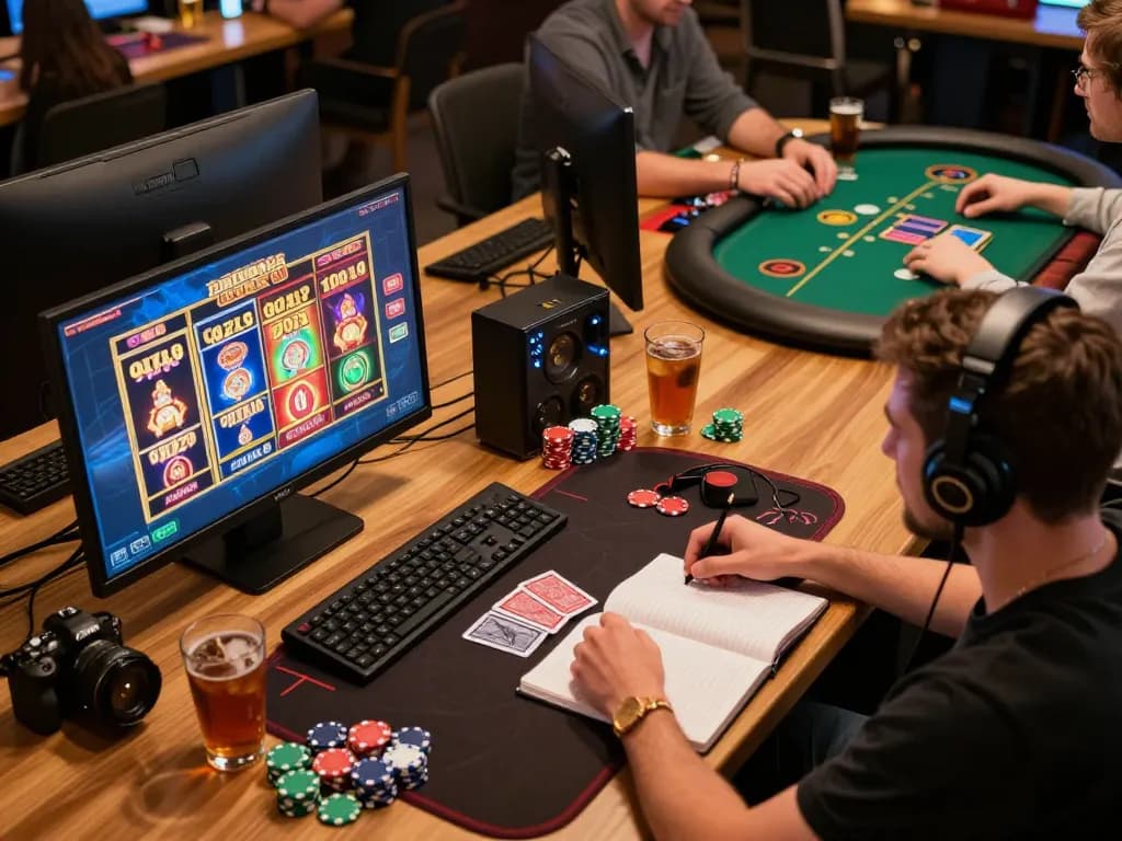 Engaging online player claiming a slot bonus new member in a vibrant gaming workspace.