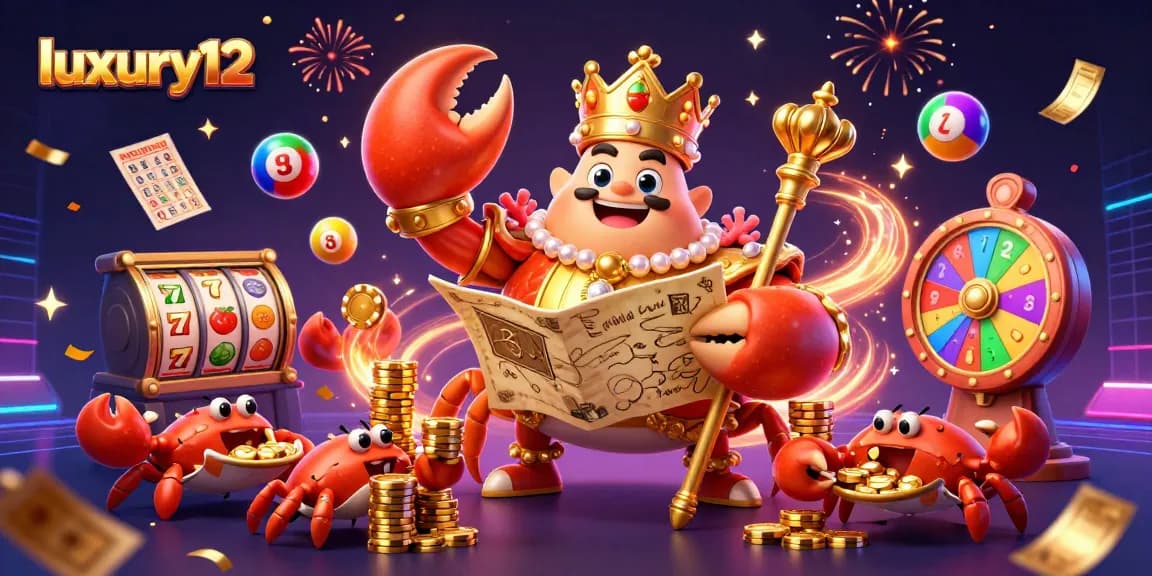 Engage in thrilling casino action with luxury12, featuring a golden crab emperor amidst vibrant game elements.