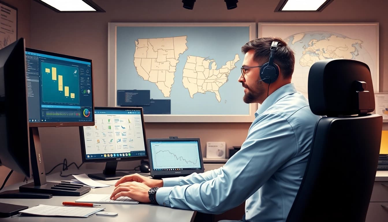 Truck Dispatch Services: A dedicated dispatcher coordinating logistics in a professional office setting.