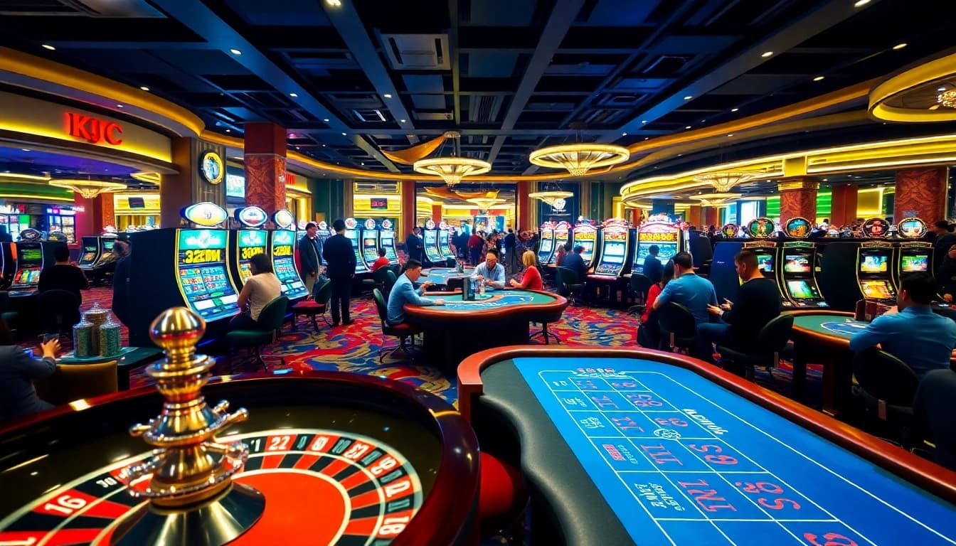 KJC AC 1 casino scene with poker tables and roulette wheels, illustrating the excitement of gambling.