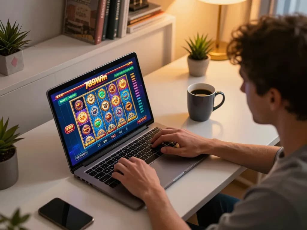 Engaging moment of a user playing 789Win online gaming on a laptop, set in a cozy home atmosphere.