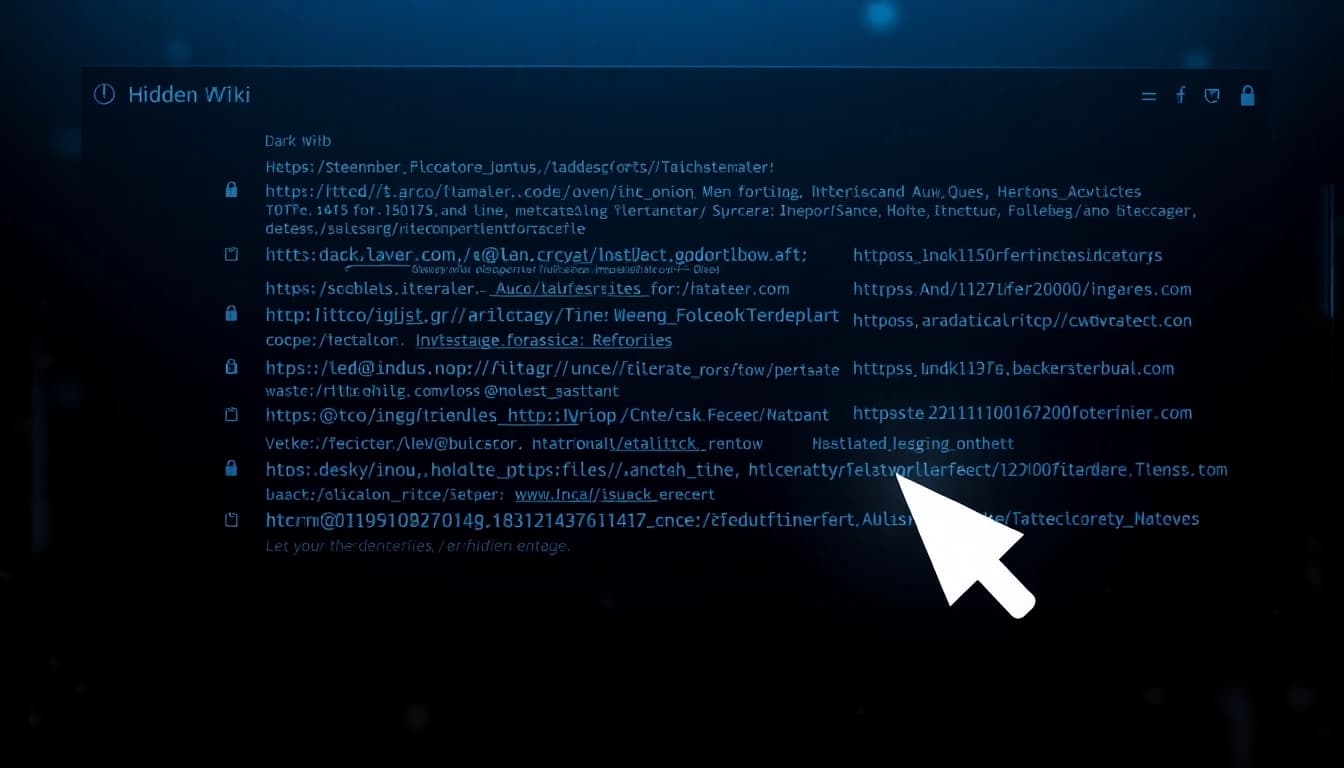 The hidden wiki 1 showcasing various .onion links on a dark web interface with a tech-savvy design.