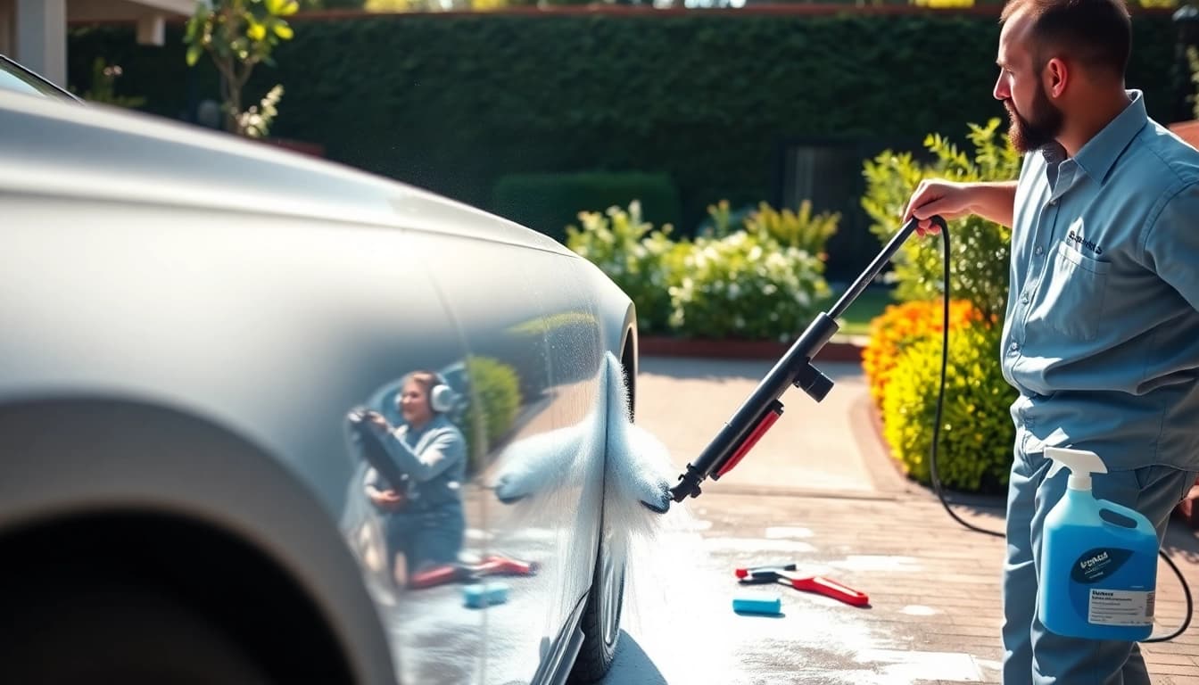 Broward County mobile detailing showcasing a technician expertly washing a car under bright sunlight.