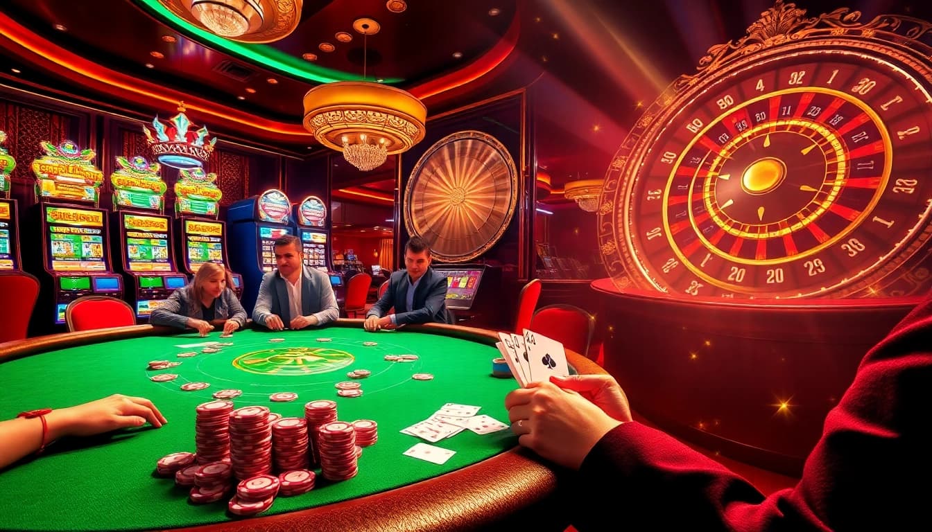 Exciting casino scene featuring poker players and slot machines, highlighting indoxxi gaming experience.