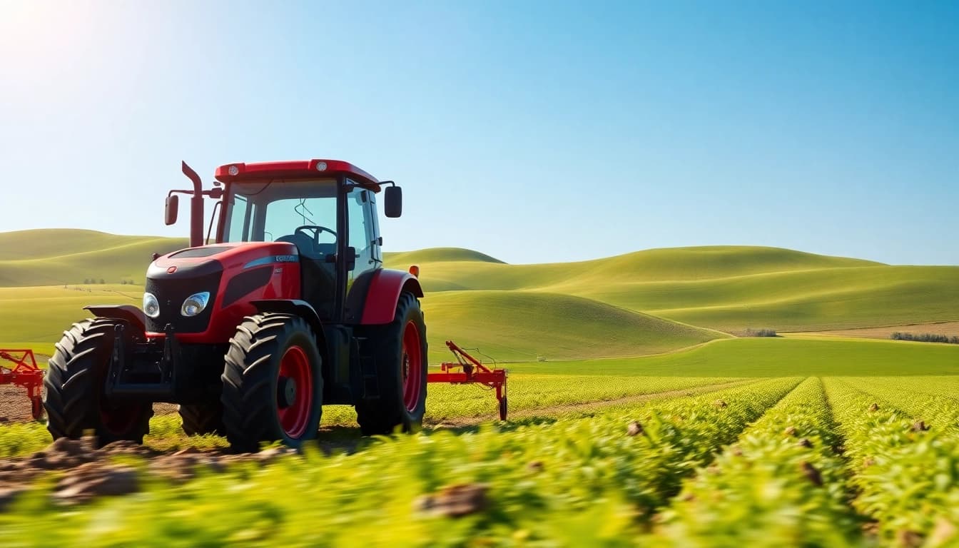 AF88 tractor efficiently plowing a lush field, showcasing agricultural power and performance.