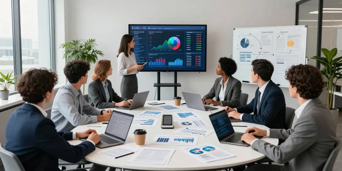 Team discussing financial crime intelligence strategies in a modern office setting with analytics on display.