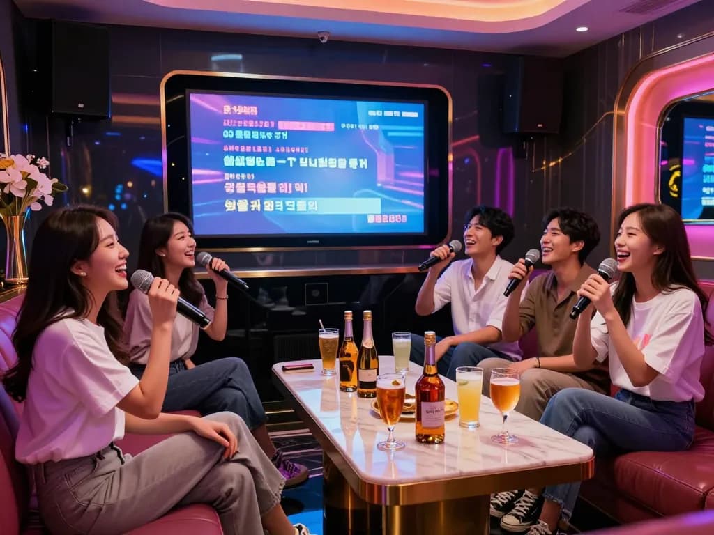 고급스러운 가라오케룸에서 화려한 조명과 프리미엄 음료를 즐기는 손님들.