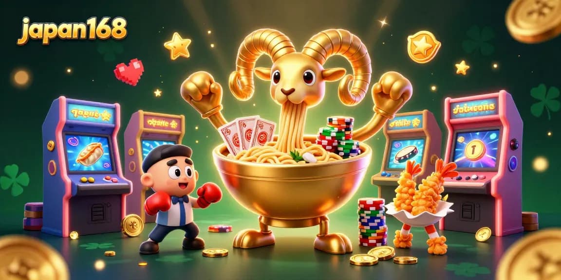 Experience the excitement of japan168 with a vibrant 3D casino scene featuring a ramen bowl dealer and gaming elements.