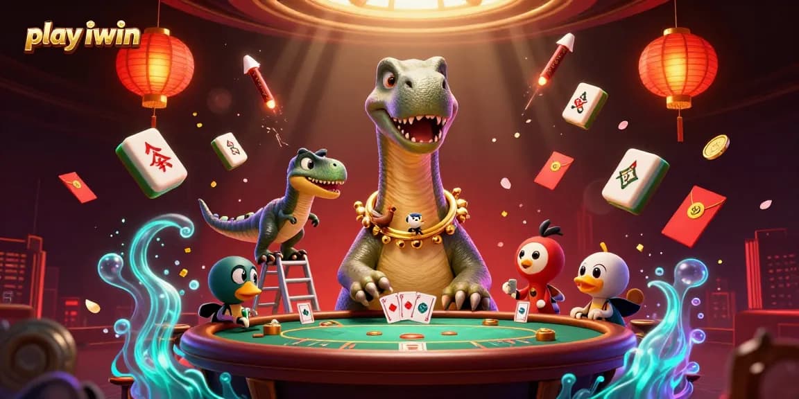 Play iwin with a 3D brontosaurus dealing cards in a vibrant casino scene filled with dynamic elements.