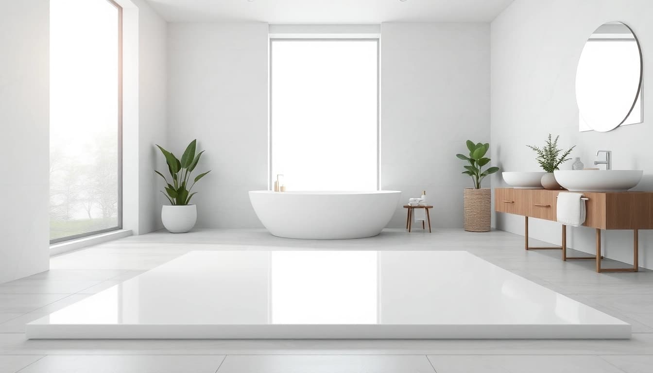 Piatto doccia moderno con design elegante e superficie liscia nel bagno luminoso.