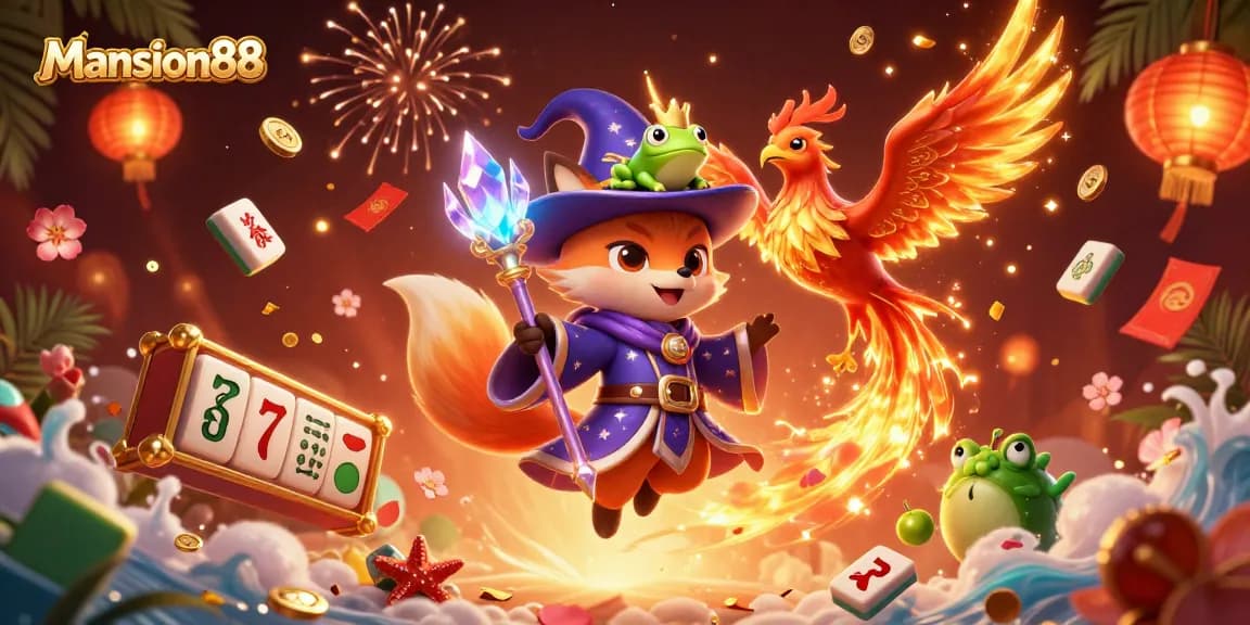 Mansion88 invites players to spin the reels in a vibrant 3D casino world filled with colorful elements and lucky charms.