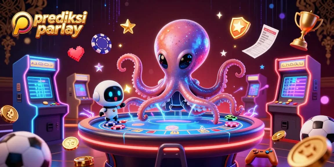 Prediksi parlay illustrated by an alien octopus with a poker table and dynamic sports elements.