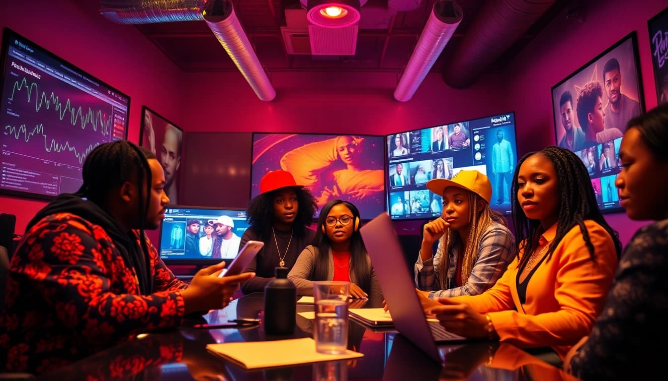 Professional team at a hip hop pr agency strategizing for artist success with vibrant energy.