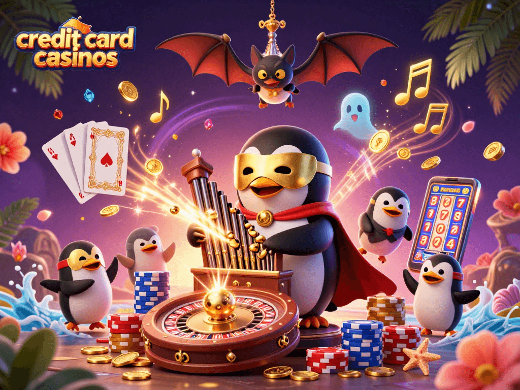 Engaging scene showcasing credit card casinos with a playful penguin and vibrant casino elements.