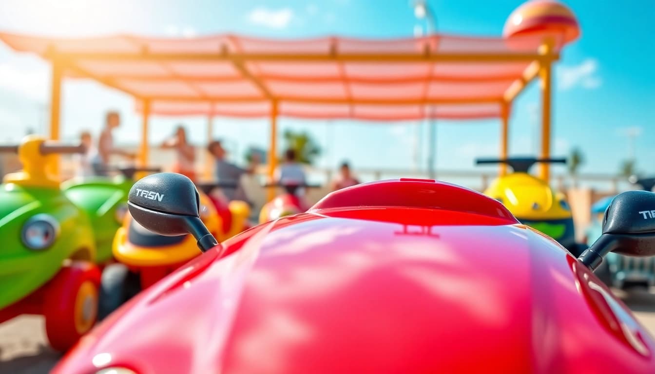 Children enjoying ride on toys in a vibrant playground setting, promoting fun and active play.