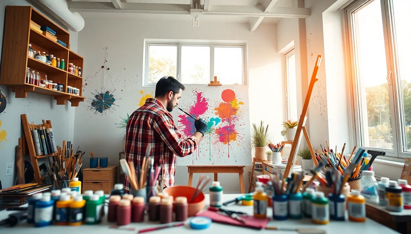 Engaged artist creating with acrylics at https://acrylicpedia.com art studio, showcasing vibrant colors and tools.