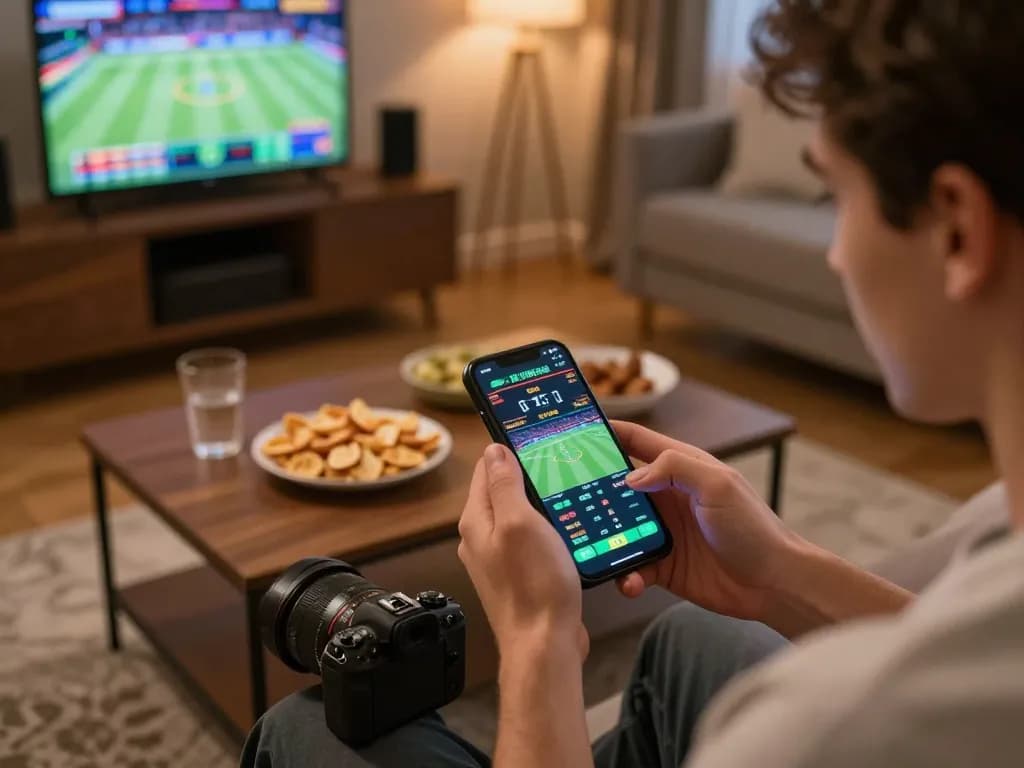 Cakhia tv user placing bets on smartphone, engaging in dynamic online sports betting in cozy environment.