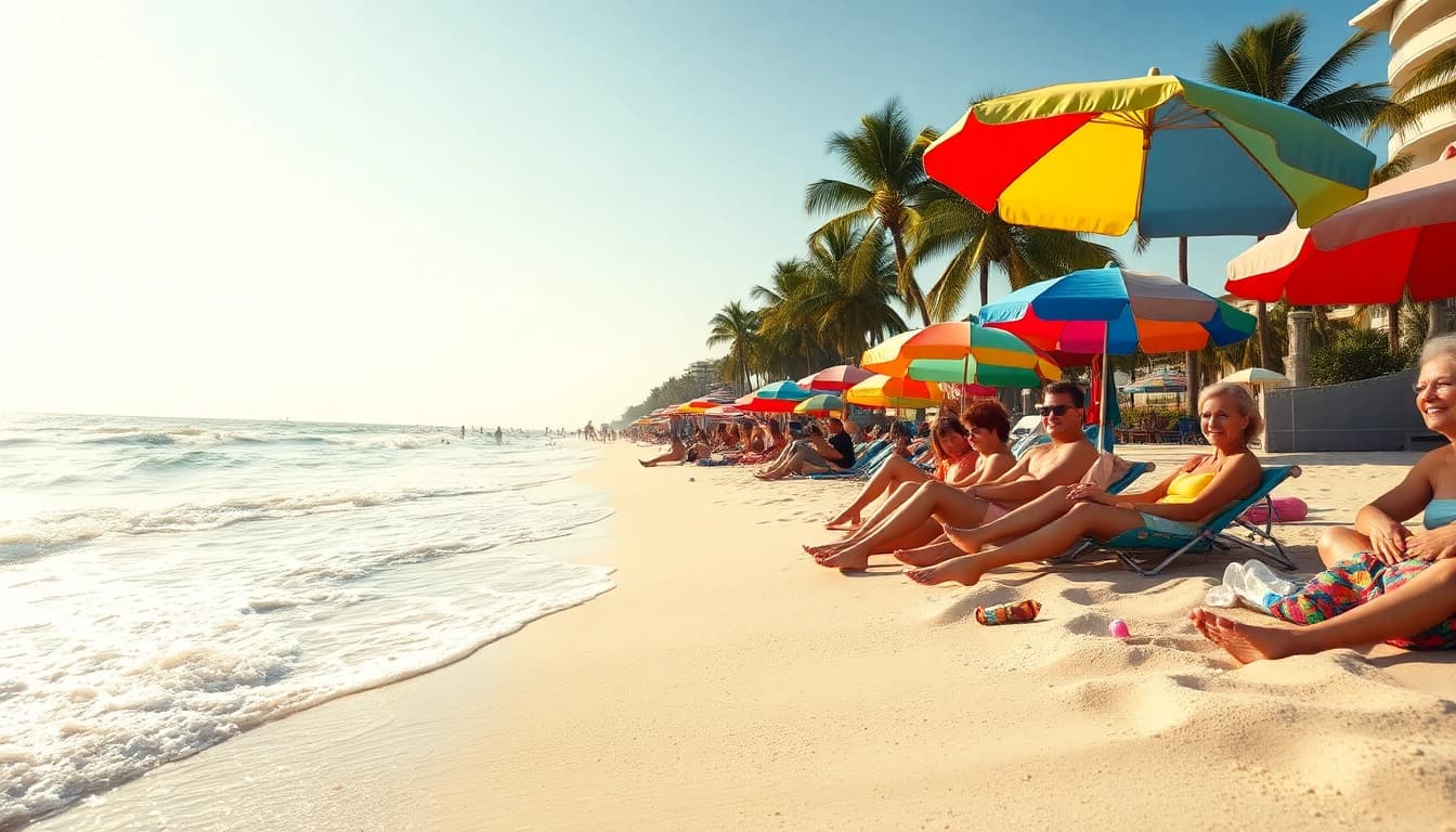 Experience the vibrant atmosphere of https://myrtlebeachsc.com/ with sunbathers and waves.