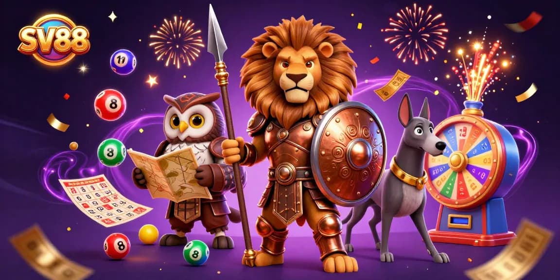 Experience the thrill of gambling at SV88 with a vivid illustration showcasing exciting gaming elements.