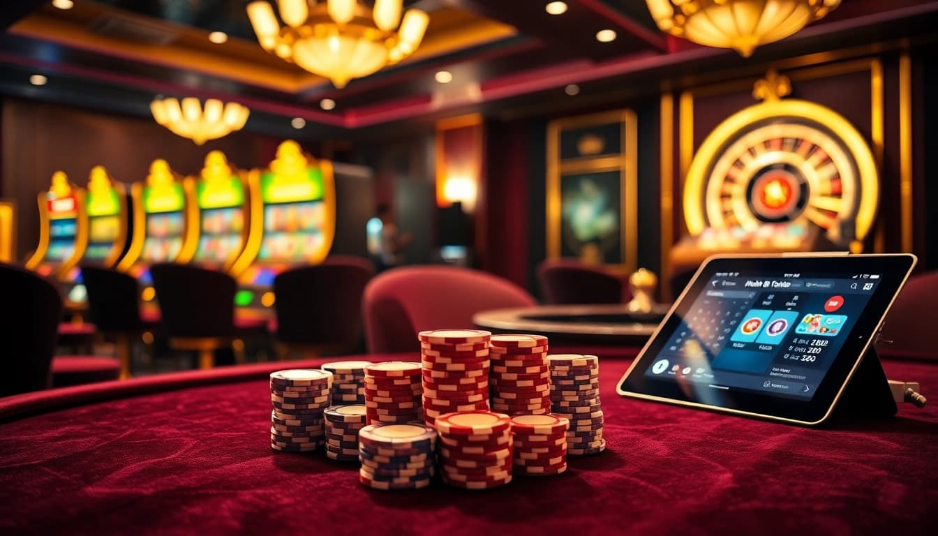 Engaging gambling scene at khela88 bangladesh featuring poker tables and slot machines.