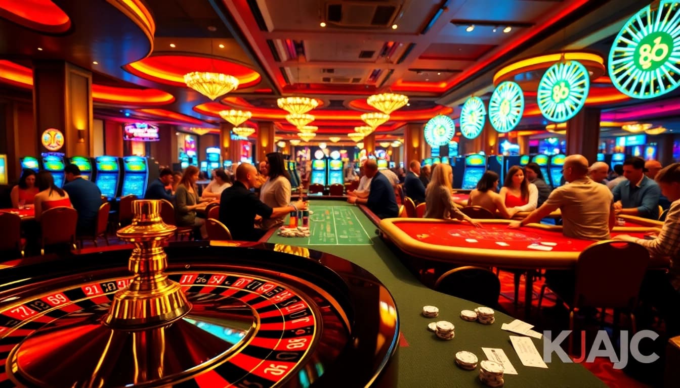 Experience the thrill of KJC AC as players compete at a poker table in a bustling casino.