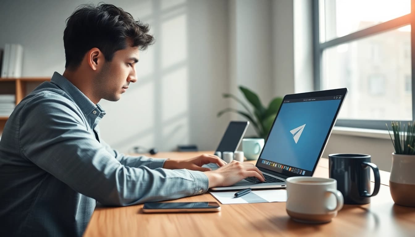 Using Telegram电脑版 on a laptop in a modern workspace, enhancing communication and productivity.