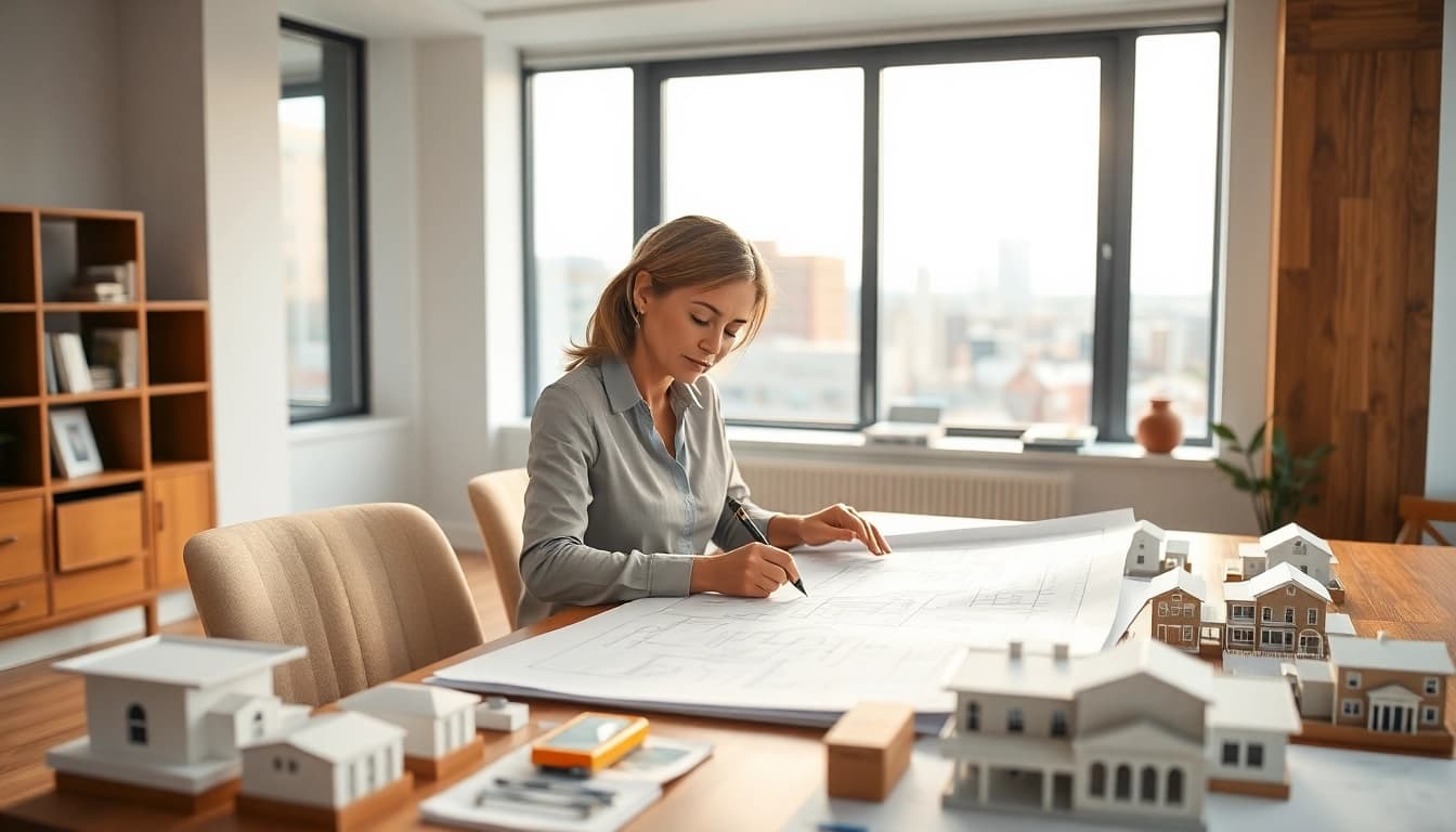 Contact residential architect Boston collaborating on detailed blueprints in a bright office.