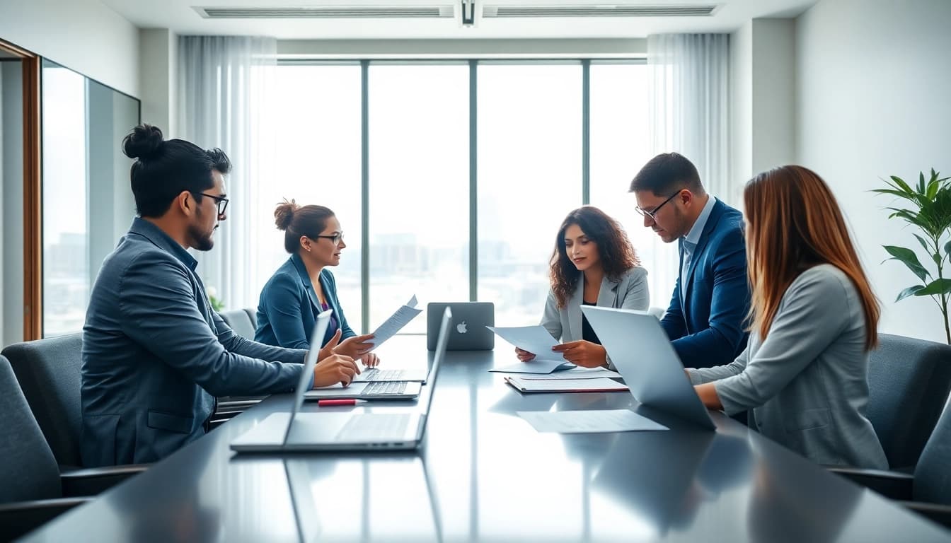 Engaged professionals utilizing https://fidelitycorporate.com for corporate investigations in a bright office.
