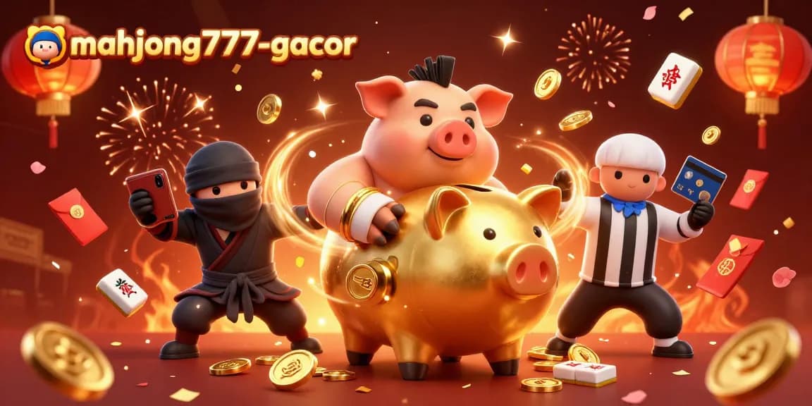 Engaging mahjong777-gacor scene with golden piggy bank, ninja, and samurai amidst vibrant casino elements