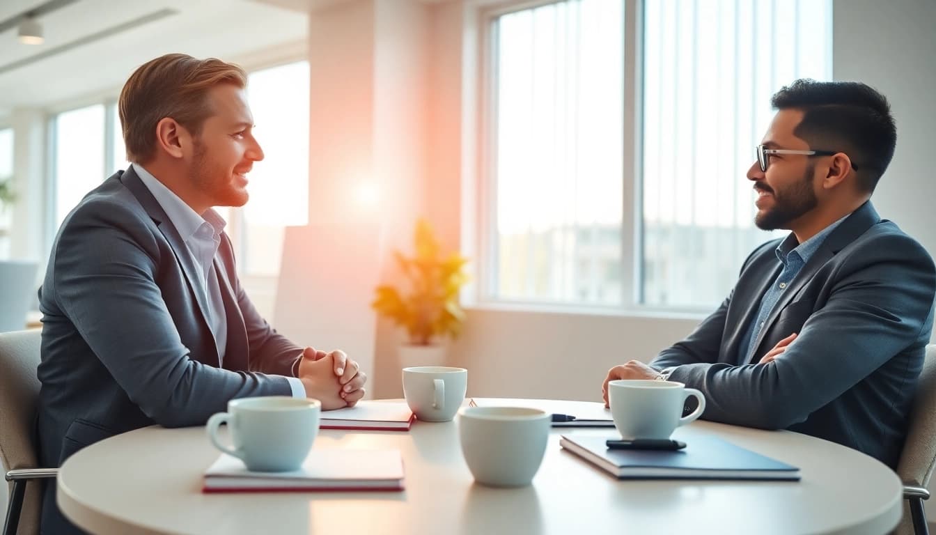 Engaging discussion with a business coach near me in a modern office environment.