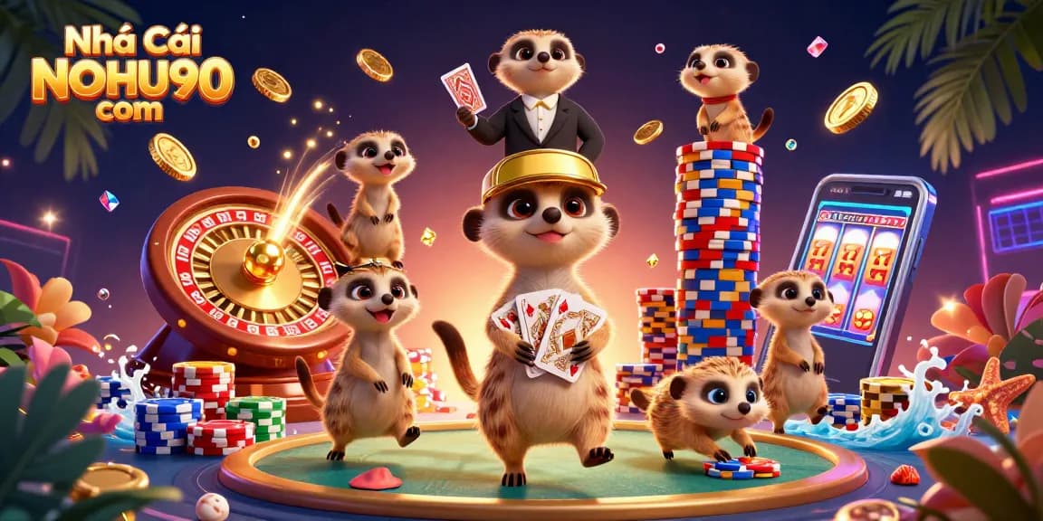 Engaging scene at Nhà Cái NOHU90 com with meerkats overseeing games, chips flying through the air.