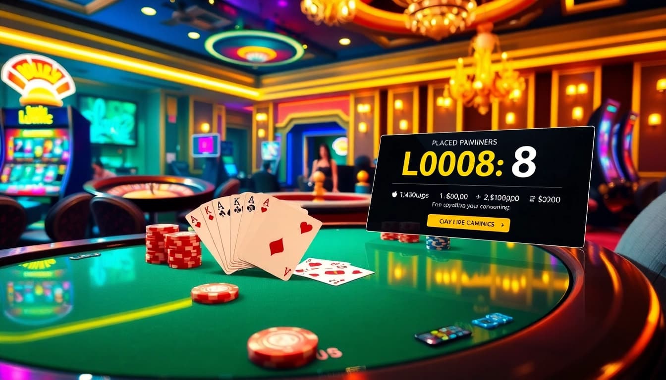 Luck8 casino scene showcasing poker tables, vibrant chips, and a spinning roulette wheel for an exciting gaming experience.