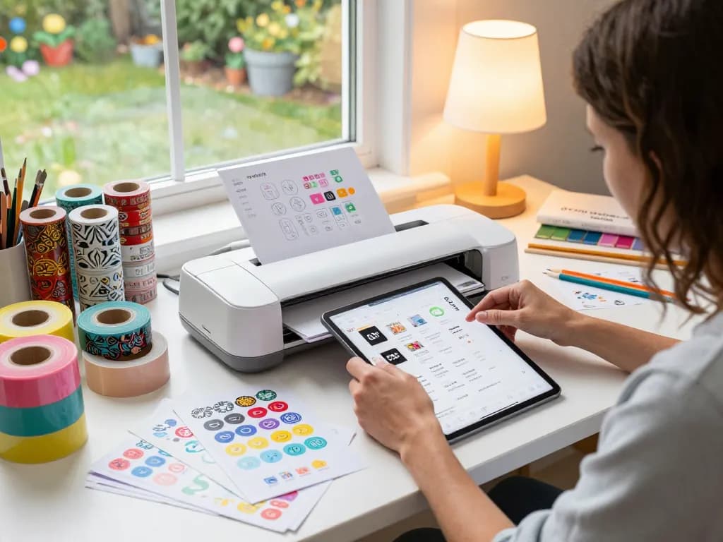 Selecting SVG files in a vibrant crafting workspace filled with tumblers and artistic supplies.