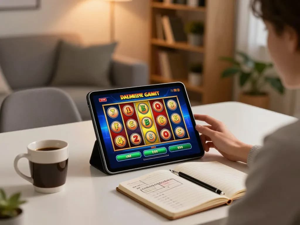 Player enjoying slot online gameplay on a tablet in a warm and cozy home environment.
