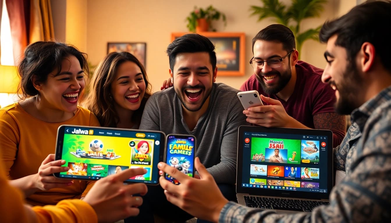 Players enjoying the Jalwa game experience on multiple devices in a lively and engaging environment.
