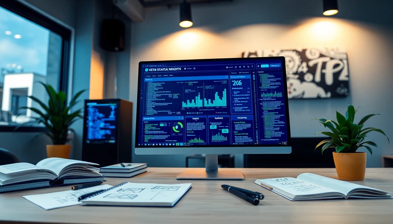 Web scrapping digital interface in a modern workspace highlighting data insights and programming books.